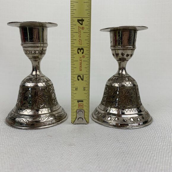 Vintage set of 2 Silver Candle stick‎ Holders ZY India World Gift Bell Shaped - Picture 7 of 10
